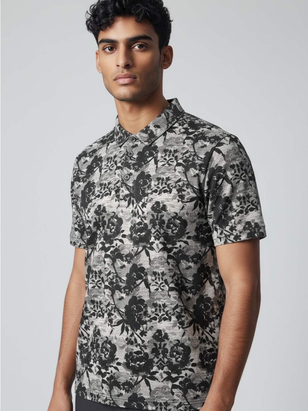 Express Black & Gray Floral Polo Shirt